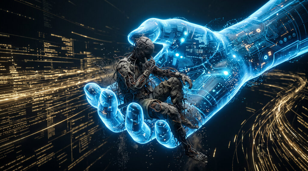 AI Hand Holding Stone Human Control Wallpaper