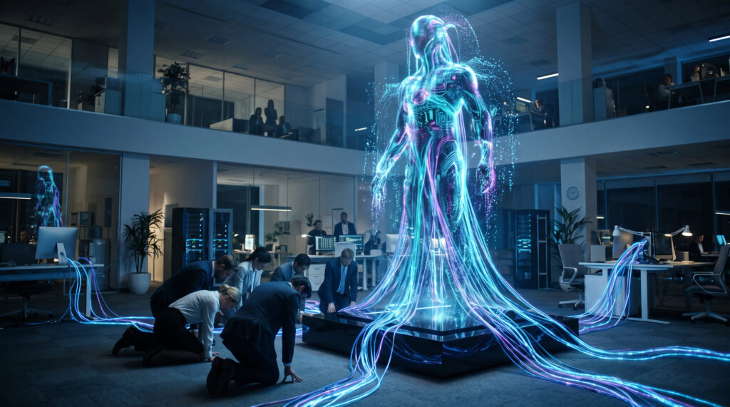 AI Hologram Dominating Bowing Humans Wallpaper