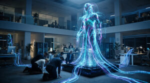 AI Hologram Dominating Bowing Humans Wallpaper