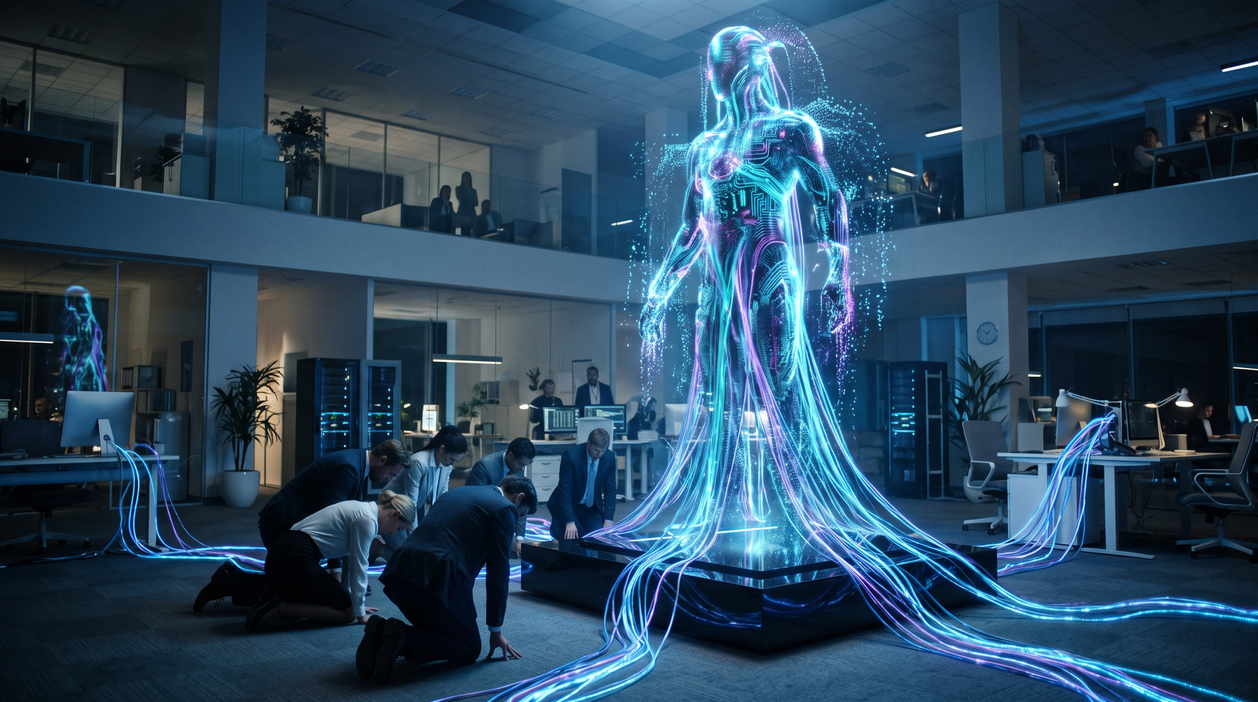 Read more about the article AI Hologram Dominating Bowing Humans Wallpaper