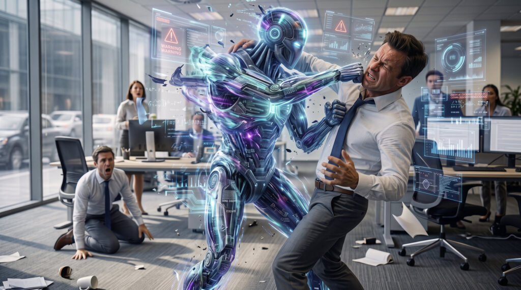AI Punching Businessman Office Battle Wallpaper