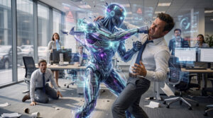 AI Punching Businessman Office Battle Wallpaper