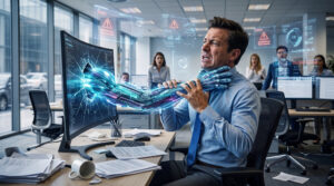 AI Screen Choking Businessman Wallpaper