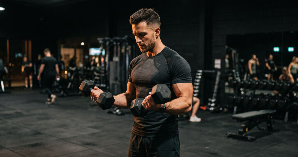 Caucasian Male Dumbbell Biceps Curl GYM Workout Wallpaper