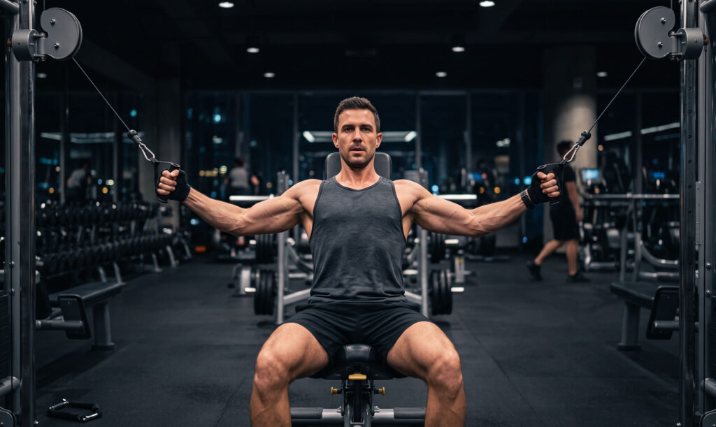 Caucasian Male Seated Cable Fly GYM Workout Wallpaper