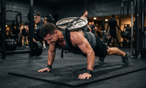 Caucasian Male Weighted Pushup GYM Workout Wallpaper