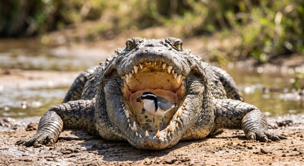 Crocodile And Cleaner Bird Wallpaper