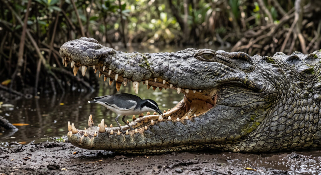 Crocodile And Cleaner Bird Wallpaper