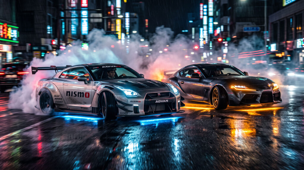 Cyberpunk Super Cars Drifting Tokyo Night Wallpaper