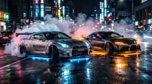 Cyberpunk Super Cars Drifting Tokyo Night Wallpaper
