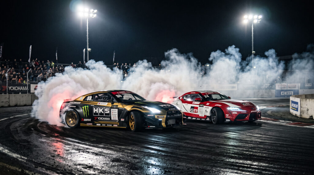 Dual Drift Racing Cars Track Night Wallpaper