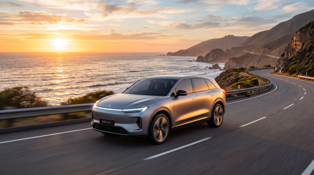 Electric Luxury Suv Coastal Highway Sunset Wallpaper