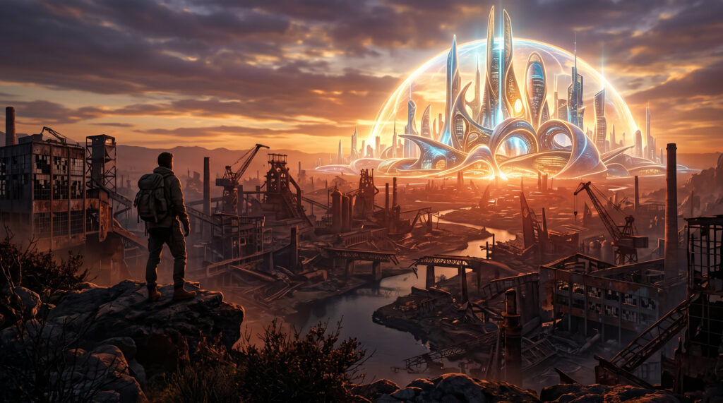 Human Looking At Ai City wallpaper