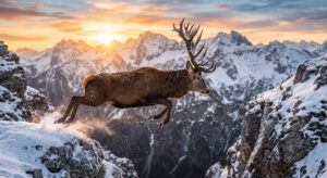 Majestic Red Deer Leaping Snowy Mountains Wallpaper