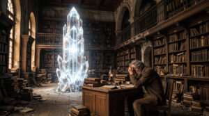 Old Man Studying AI Crystal Library Wallpaper