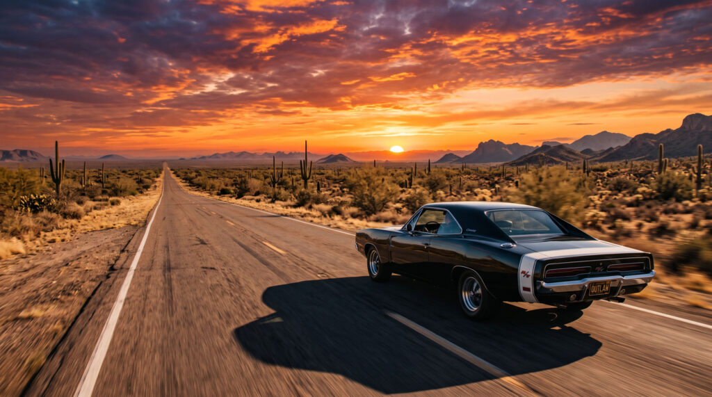 Vintage Muscle Car Route 66 Sunset Wallpaper