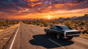 Vintage Muscle Car Route 66 Sunset Wallpaper
